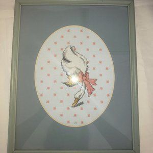 Cross Stitch Framed Finished Country Goose Picture W/Mat Pink Bow Cottagecore